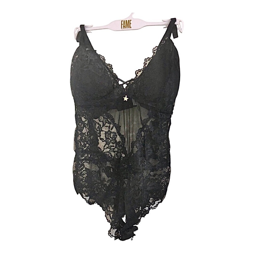 Fredericks‎ of Hollywood black lace open back teddy lingerie size large new